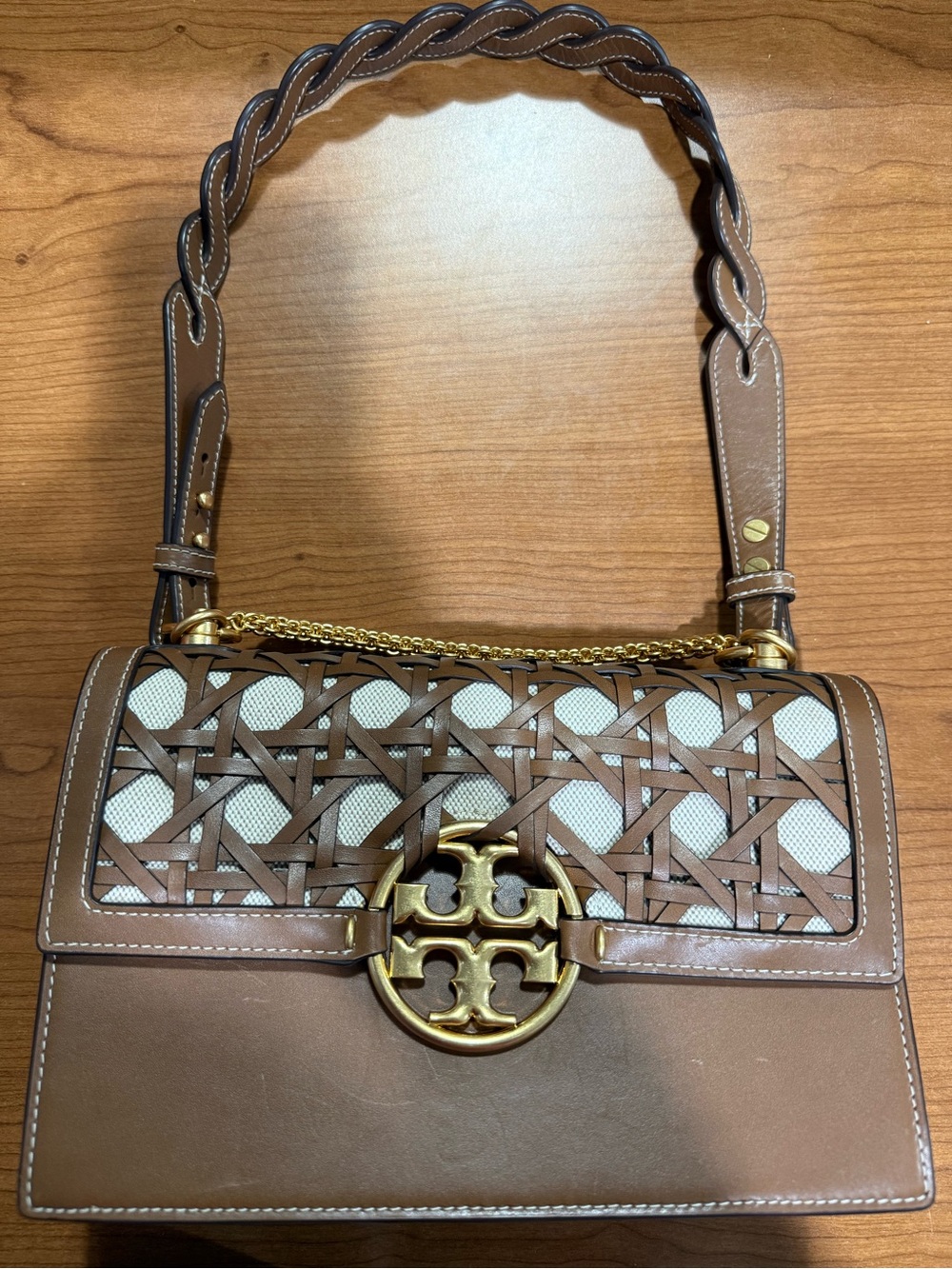 Tory Burch Brown Leather Shoulder Bag with Gold Logo and Woven Cream Inset